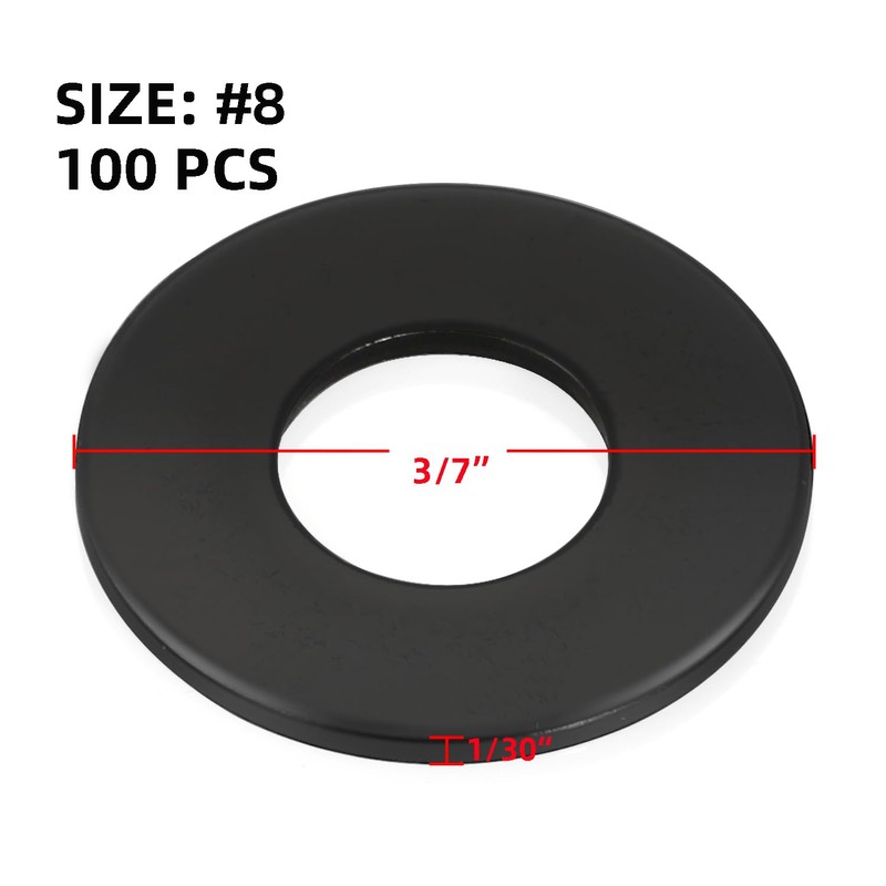 100 PCS #8 Black Flat Washer, 3/7" Outer Diameter, 304