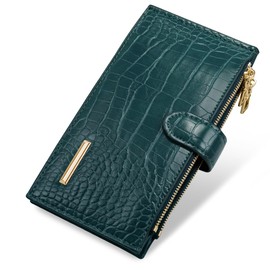 Crocodile Wallet for Women Minimalist Bifold Wallets RFID Blocking Slim Thin Long Billfold Leather Womens Wallets Credit Card Holder with Zipper Coin Pocket,Emerald Green