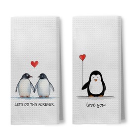 Foritho Penguin Bride Towel Kitchen Towels Set of 2, Love Gifts for Him Her, Valentines Hand Towels, Valentines Dish Towels, Valentines Day Gifts for Her Girlfriend, Penguin Gifts, 16x24 Inch