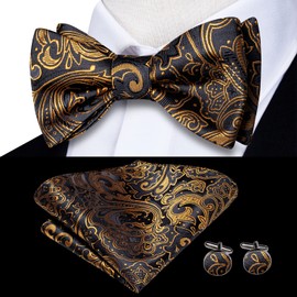 Dubulle Mens Self Tied Bow Ties Set Paisley Floral Silk Handkerchief Cufflinks Bowties for Men Wedding Business,Black Dark Gold