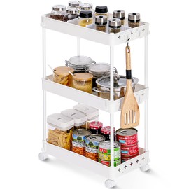 KINGRACK 3-Tier Utility Rolling Carts with Adjustable Dividers,Multi-Purpose Storage Craft Art Cart Trolley Organizer Serving Cart for Bathroom Rolling Cart for Kitchen Living Room Bedroom,White