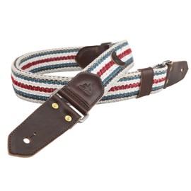 RAM'S LAND Stripe Cotton Guitar Strap Red/White/Blue for Electric Guitars Bass, Cowhide Leather End