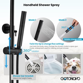 gotonovo Outdoor Shower Kits 304 Stainless Steel 8'' Shower Head with 2 in 1 Cylinder Handheld Spray 2 Function Outside Shower Faucet Set Wall Mount Single Handle Shower Fixtures Matte Black