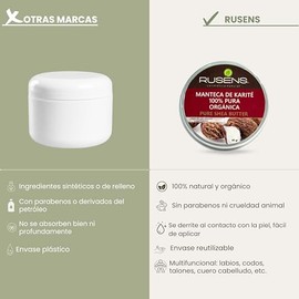 Rusens - Manteca de Karité 100% Pura Orgánica. Excelente Regenerante Natural, Extra humectante, Mejora la Elasticidad de la piel, humecta a profundidad y previene Estrías.