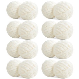 HOMBYS White Chunky Chenille Yarn for Hand Knitting,Fluffy Soft Jumbo Yarn Crocheting,Super Bulky Big Yarn for Chunky Blanket,Large Thick Arm Knitting Yarn,8 Pack Plush Fuzzy Yarn