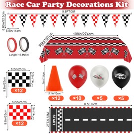 Race Car Party Decorations, Checkered Flag Party Supplies-12 Traffic Cones and 24 Racing Checkered Flags, 6.5Ft Racetrack Floor Runner and 9.8ft Checkered Flag Banner, Tablecloth, Balloons and Ribbons