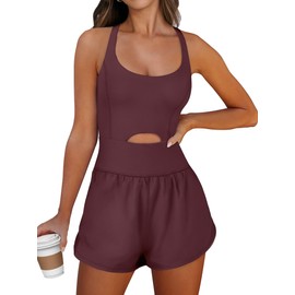 Caracilia - Mameluco deportivo para mujer, conjuntos de verano cortos para correr, ejercicio, gimnasio, ropa de moda 2026, café rojo oscuro, XL