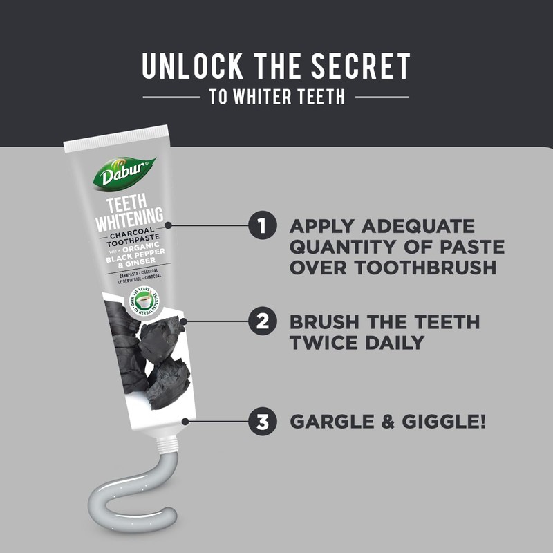 Dabur Teeth Whitening Charcoal Toothpaste 100ml with Organic Black Pepper