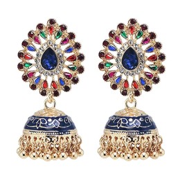 Vintage Tassel Beads Drop Dangle Earrings for Women Girls Crystal Colorful Teadrop Birthstone Exaggerated Bohemian Gen Chandelier Statement Gypsy Bollywood Indian Ethnic Jewelry(Blue CZ)