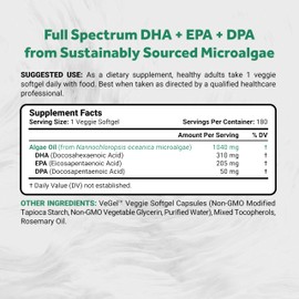 Naturalis Double Strength Vegan Omega 3 DHA, EPA & DPA from Microalgae | Vegan Society Certified, Sustainably Sourced, True Full Spectrum | 180 Veggie Softgels (Carrageenan Free)