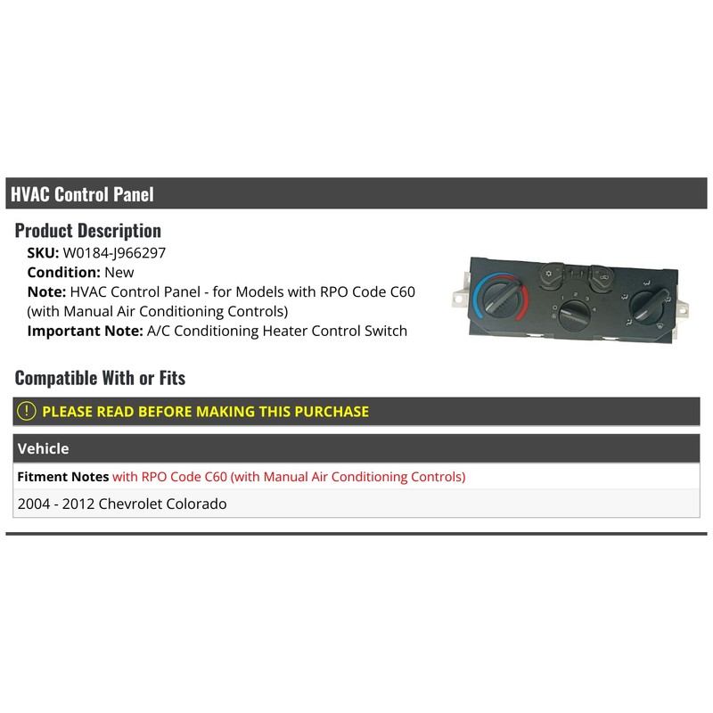 HVAC Climate Control Panel - Compatible with 2004-2012 Chevy Colorado