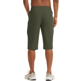 TACVASEN Men's Quick Dry Breathable Outdoor Sports Elastic Capri Shorts with Zipper Pockets, Army Green, 36