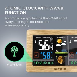 Newentor Weather Station Wireless Indoor Outdoor Thermometer, Color Display Digital Weather Thermometer with Atomic Clock, Barometric Pressure, Forecast Station with Adjustable Backlight, Wood