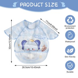 Marjoramy Baby Bib Sleeveless, Baby Bib with Crumb Tray and Velcro Fastening, Bib Blue Elephant, for 6-36 Months Children for Food Crafts Painting Art