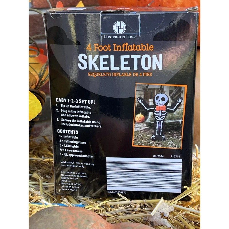 Huntington Home 4 Foot Inflatable Skeleton Lights Up! NIB -