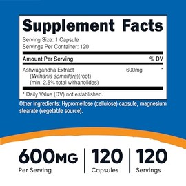 Nutricost Ashwagandha - Suplemento de hierbas de 600 mg, 120 cápsulas, vegetariano, sin OMG, sin gluten, raíz de Ashwagandha | Vegetariano, sin OMG, r