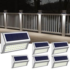 ROSHWEY Solar Lights Outdoor 6 Pack 30 LED Deck Lights Solar Powered Waterproof Outside Stair Light Fence Post Lamp Outdoor Decor for Patio Step Pool Yard Walkway, Cool White Light