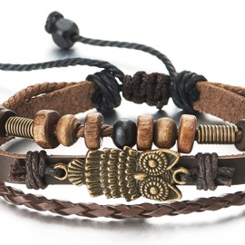 Mens Womens Multi-Strand Dark Brown Braided Leather Brown Cotton Strap Bracelet, Owl and Bead Charms(CA)