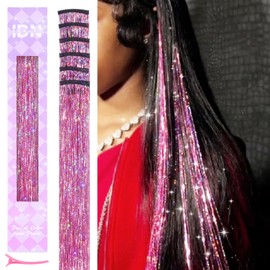 IDN BEAUTY Hair Tinsel Clip in, 6pcs Pink Sparkling Tinsel Hair Extensions 3s Wear and Go for Party Daily Travel Birthday, 24Inch Hair Accessories for Girls Women Kids