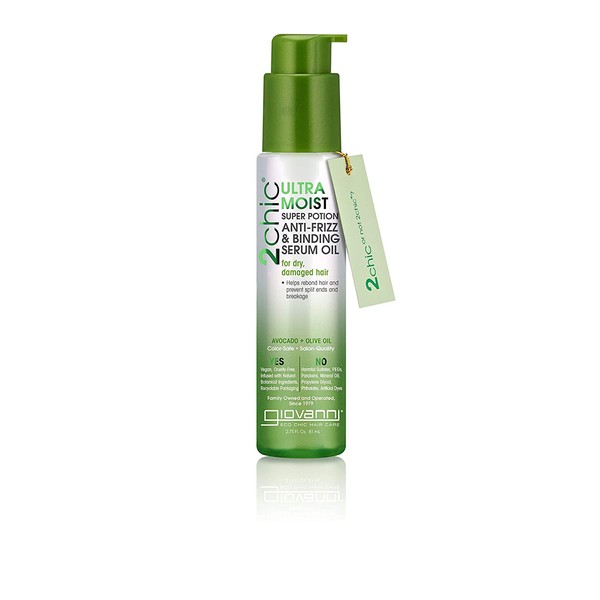 GIOVANNI 2chic Ultra Moist Super Potion Anti-Frizz & Binding Serum Oil, 2.75 oz. Avocado & Olive Oil, Rebond & Prevent Split Ends, Enriched with Aloe, Shea Butter, No Parabens, Color Safe (Pack of 1)