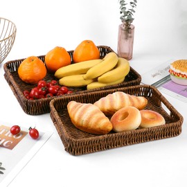 Fvstar Woven Serving Tray with Handles,Handmade Poly Wicker Tray for Storage Breakfast,Drinks,Fruits,Rectangular Basket Organizer Platters for Coffee Table Centerpiece Decor (2, Dark Color)