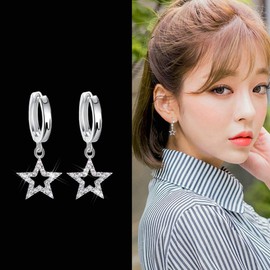 Crystal Dangle Star Small Hoop Earrings 925 Sterling Silver for Women Dainty CZ Diamond Charm Drop Huggie Hoops Cartilage Earring Cute Fashion Jewelry Sparkly