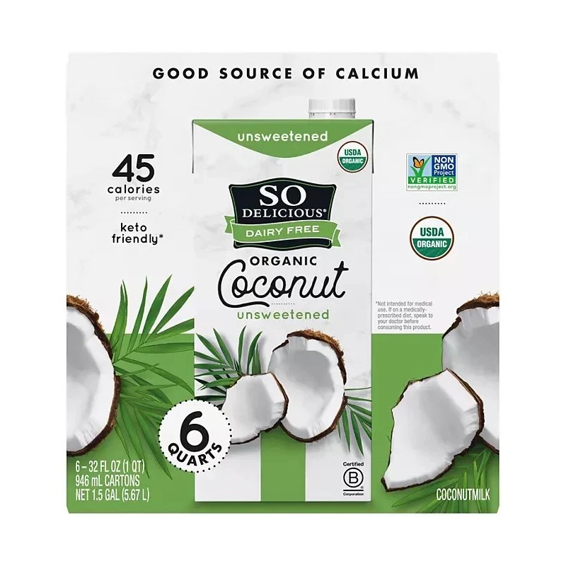 So Delicious Dairy-Free Organic Coconut Milk, Unsweetened, 32 Ounce (Pack