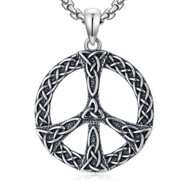 Lattd Peace Sign Necklace 925 Sterling Silver Irish Celtic Knot Peace Sign Pendant Necklaces Jewelry for Men, w/Stainless Steel Chain 22’’ + 2’’