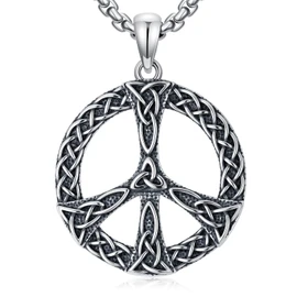 Lattd Peace Sign Necklace 925 Sterling Silver Irish Celtic Knot Peace Sign Pendant Necklaces Jewelry for Men, w/Stainless Steel Chain 22’’ + 2’’