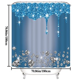 4 Pcs Glitter Diamond Shower Curtain Sets, Blue Shiny Drips Bath Decor with Rugs and Toilet Lid Cover, Fresh Color Luxury Texture Colorful Bling Modern Bathroom Curtain with 12 Hooks, 72 x 72 inch