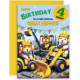 Great Nephew Kids 4th Birthday Card - Doggy Digger Crane Design for Age 4 Boy - A5 Size Card with Yellow Envelope
