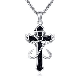 AXOMY Fish Hook Necklace 925 Sterling Silver Antler Fish Hook Cross Pendant Necklace Cross Jewelry Gifts for Men Women