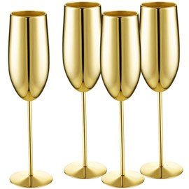 Yinder Champagne Flutes Bulk 8.5 oz Wine Glasses Stainless Steel Stemmed Flutes with Box Unbreakable Toasting Glasses for Wedding Anniversary Parties Gifts Pool(Gold,4 Pack)