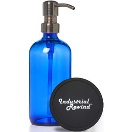 Imperfect Cobalt Blue Glass Refillable Liquid Hand Soap Dispenser with Gun Metal Bronze Dispensing Pump with Coaster for Non Slip Bottom / Countertop Protector for Soap or Body Lotion Dispenser (16oz)
