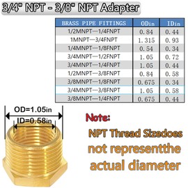 YOUHO 3/4 to 3/8 reducer Brass Threaded Pipe Fitting 3/4 Inch NPT Male x 3/8 Inch NPT Female Hex Bushing Adapter (Pack of5)