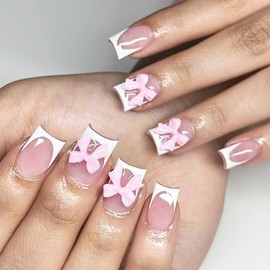 24Pcs French Tip False Nails Short Square with Pink Bow - on Nails Fake Stick on for Women - Acrylic Full Cover Cute Nail Tips