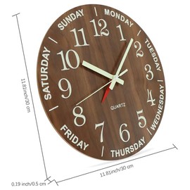 whatRUeed Glow in The Dark Wall Clock，Luminous Week Clock，Wooden Decor Silent Non-Ticking Clock for Bedroom, Living Room, Bathroom, Kitchen, Office, School (12 Inch - Brown)