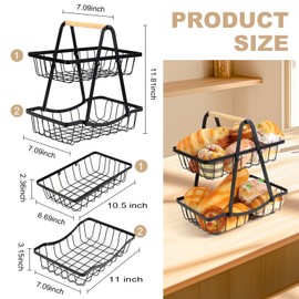 LepoHome 2 Tier Fruit Basket, Portable Metal Countertop Fruit Bowl Holder Vegetable Basket Storage with Wood Handle for Kitchen Counter, Fruit Storage Stand Organizer for Produce Bread Snack, Black