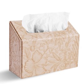 Hennaja Hand Towels Box Cover,PU Leather Tissue Box Cover Holder Compatible with Kleenex Disposable Paper Hand Towels Suitable for Dining,Kitchen,Bathroom(1-Carved Light Brown)