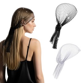Andibro 2 PCS Rhinestone Mesh Headband, Sparkly Crystal Mesh Head Wrap Wide Head Scarf Adjustable Hair Accessory for Women Rave Nightclub Party