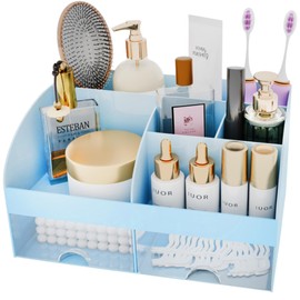 Makeup Organizer with Drawers, Cosmetic Storage for Dresser Vanity and Bathroom Countertop, Beauty Holder for Lipstick Brush, Skincare Organizer for Vanity, Cosmetic Display Case (Blue)