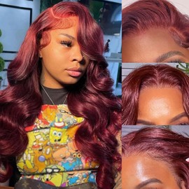 LEOSA Burgundy Lace Front Wig Body Wave Highlighted Pre Plucked 13x4 Lace Frontal Wig Synthetic Red Long Haired Wig Natural Hairline Wavy Womens Lace Wig