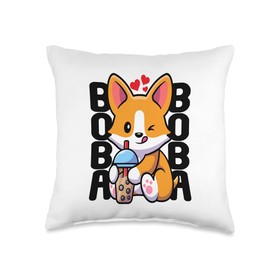 Kawaii Boba Dog Corgi Tea Drink Cute Anime Bubble Tea Heart Throw Pillow
