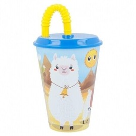 Golddunes Kids Character Sports Tumbler 430ML Drinking Re-usable Plastic Cup with Re-Usable Straw (Llamas)