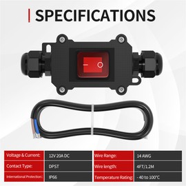 RVBOATPAT Inline Cord Switch 12V 20A DC Waterproof Inline Switch IP66 Red Lighted 2 Position 4 Pin DPST with 14 AWG Wire Outdoor Inline Power Lamp ON/Off Switch
