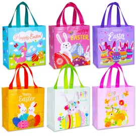 Happy Easter Gift Bags with Handles, Bunny Carrot Chick Designs, Reusable Non-Woven Treat Bags for Party Favors, Gift Wrapping, Easter Basket Container, 9.1×8.7×4.5 inch, 6-Pack