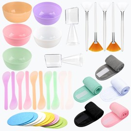 Rowcay 37 Pcs Face Mask Mixing Bowl Set, 5 Plastic Mask Bowl 5 Facial Headbands, 10 compressed facial sponges 5 Facial Mask Fan Brushes10 facial spatula and 2 Measuring Cups, Esthetician Supplies Tool Kit