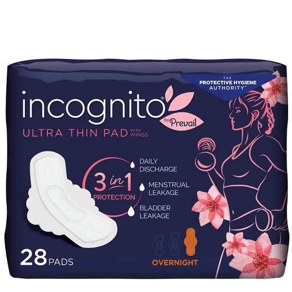 Incognito by Prevail - Almohadilla protectora absorbente 3 en 1 para posparto durante la noche ultra fina con alas para fugas menstruales y de vejiga, 11 horas de protección con protector de olor, 28 unidades