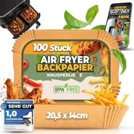 KNUSPERLIEBE® Baking Paper for Hot Air Fryer with Double Chamber, Pack of 100, 20.5-14 cm, Rectangular, Airfryer Paper Liners Compatible with Ninja Dual/Double Stack, and Other Dual Zone Air Fryer
