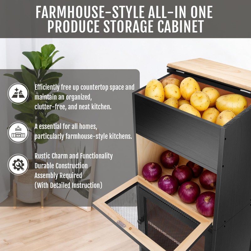 Large Potato and Onion Storage Bin - Wooden Stackable Bread